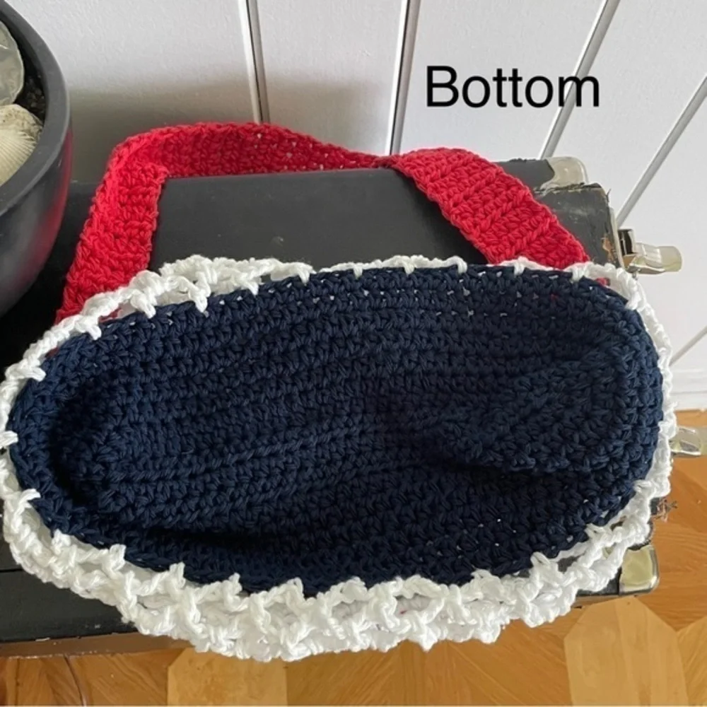 $49 SALE Red White Navy Blue Bottom Tote Bag Purse Cotton Reusable Handmade - Picture 3 of 6